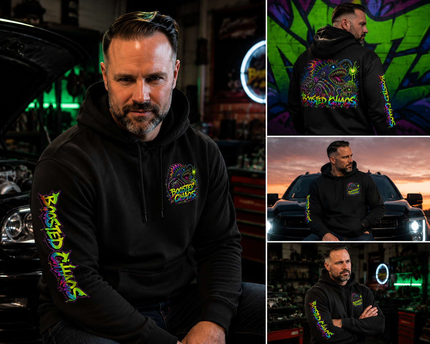 Black Boosted Chaos hoodie shown from the front, back and side