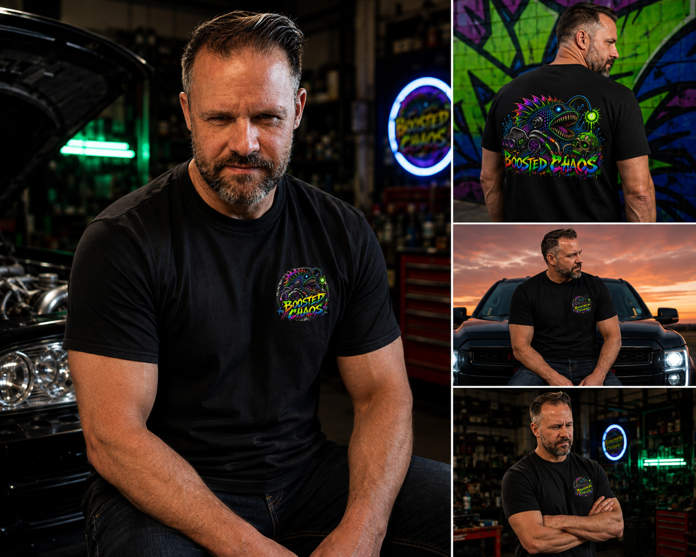 Black Boosted Chaos tee shown from the front and back