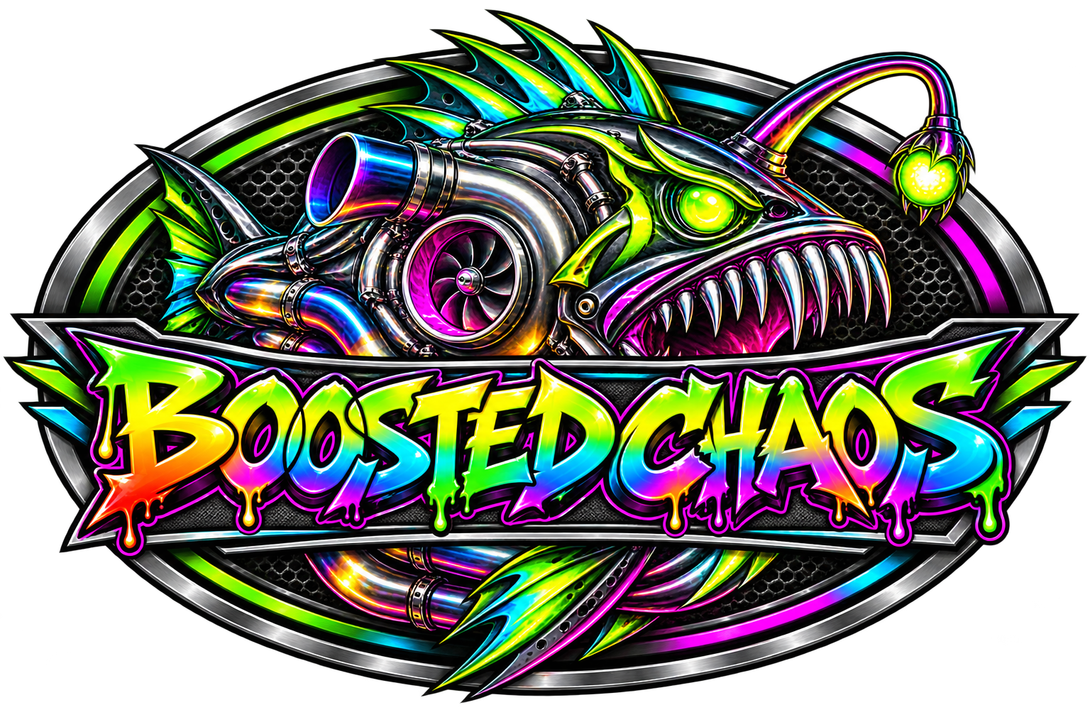Boosted Chaos oval logo featuring a neon mechanical turbo angler fish