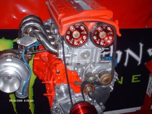Custom red engine with twin turbo piping
