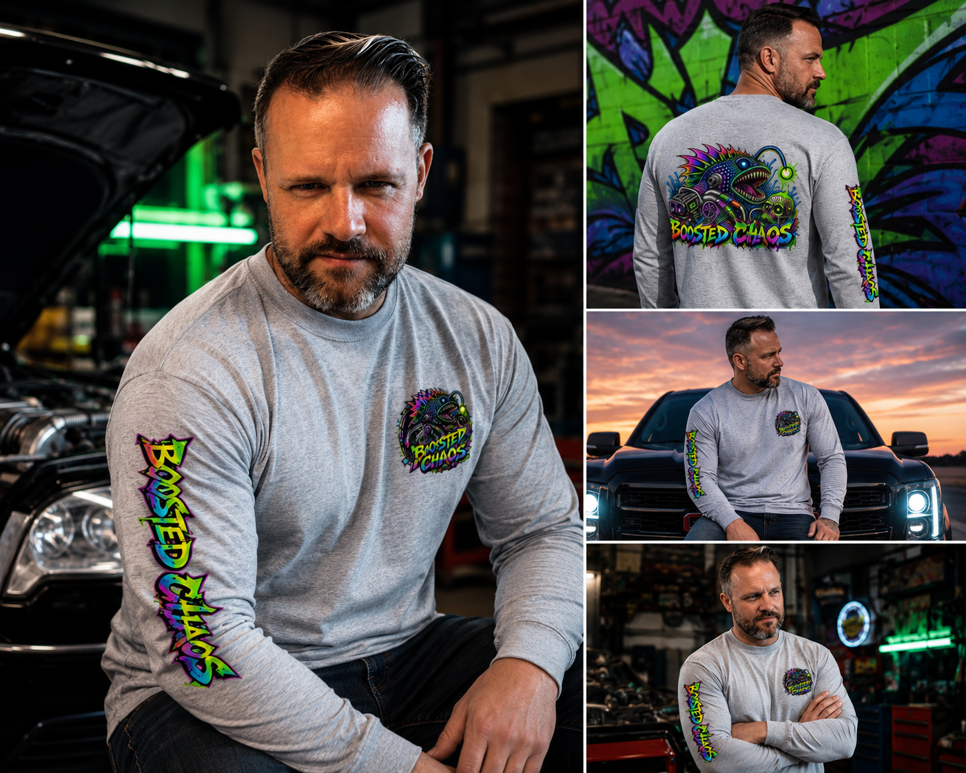 Grey Boosted Chaos long-sleeve shirt shown from the front, back and side